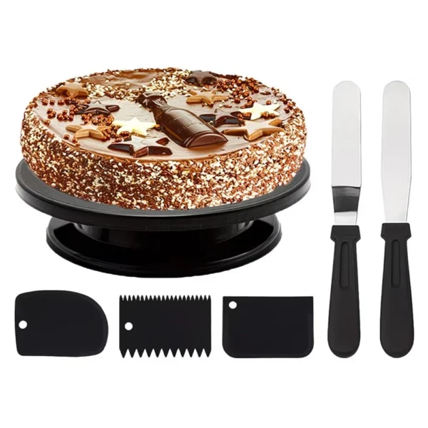 6PCS Cake Turntable Set with Spatulas   Scraper Black Rotating Stand for Smooth Frosting Baking Tools