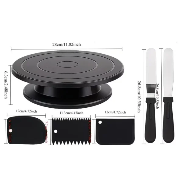 6PCS Cake Turntable Set with Spatulas   Scraper Black Rotating Stand for Smooth Frosting Baking Tools