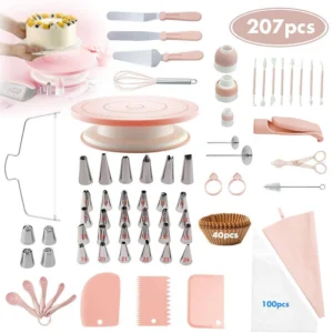 207pcs Cake Decoration Baking Tool Set DIY Cake Cookie Making with Turntable Piping Nozzle  Scrapers